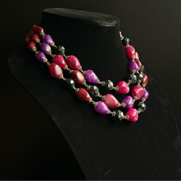Vintage 3 Strand Purple And Pink Beaded Choker - Picture 3 of 5